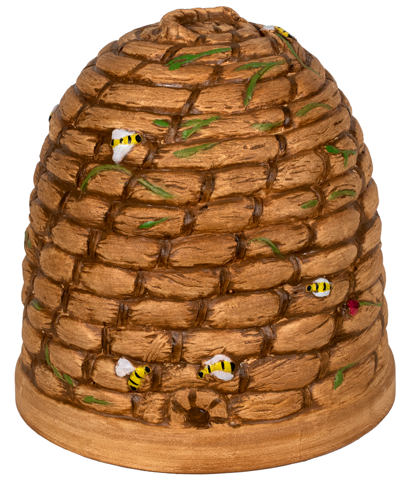 A beige garden sculpture resembling a woven bee hive with small bee figures on top.