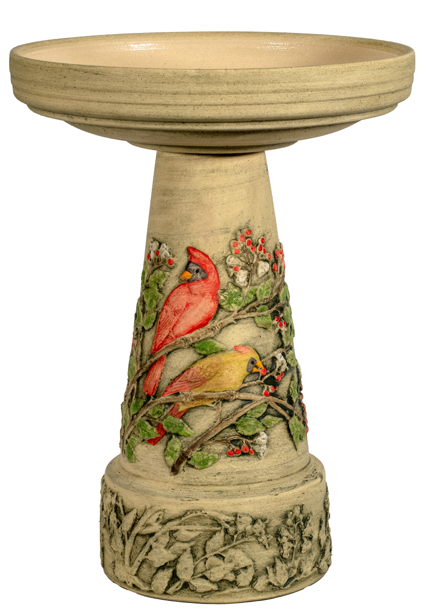 Decorative cardinal bird bath with male and female cardinal designs on a white background