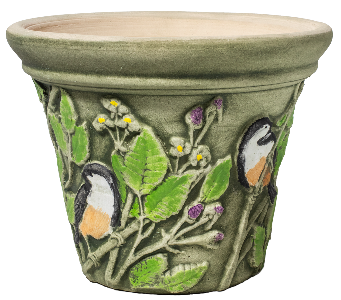 10&quot; ceramic planter hand painted with chickadee birds green leaves and purple berries