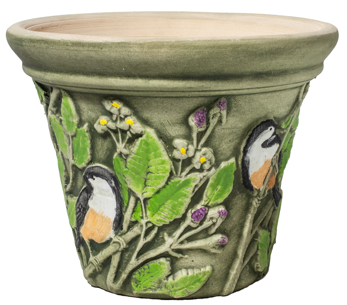 10" ceramic planter hand painted with chickadee birds green leaves and purple berries