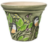 10" ceramic planter hand painted with chickadee birds green leaves and purple berries
