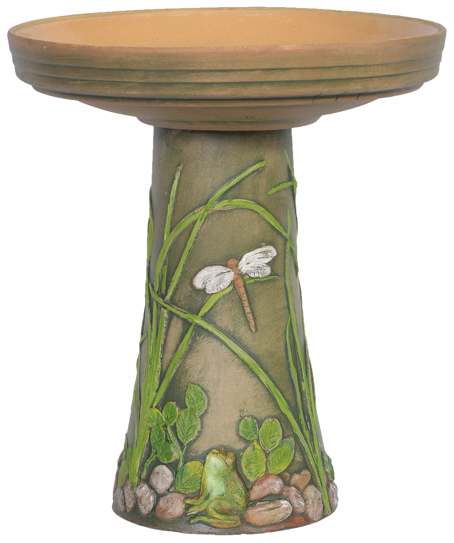 Ceramic birdbath set with hand painted river stones grasses toads and dragonflies