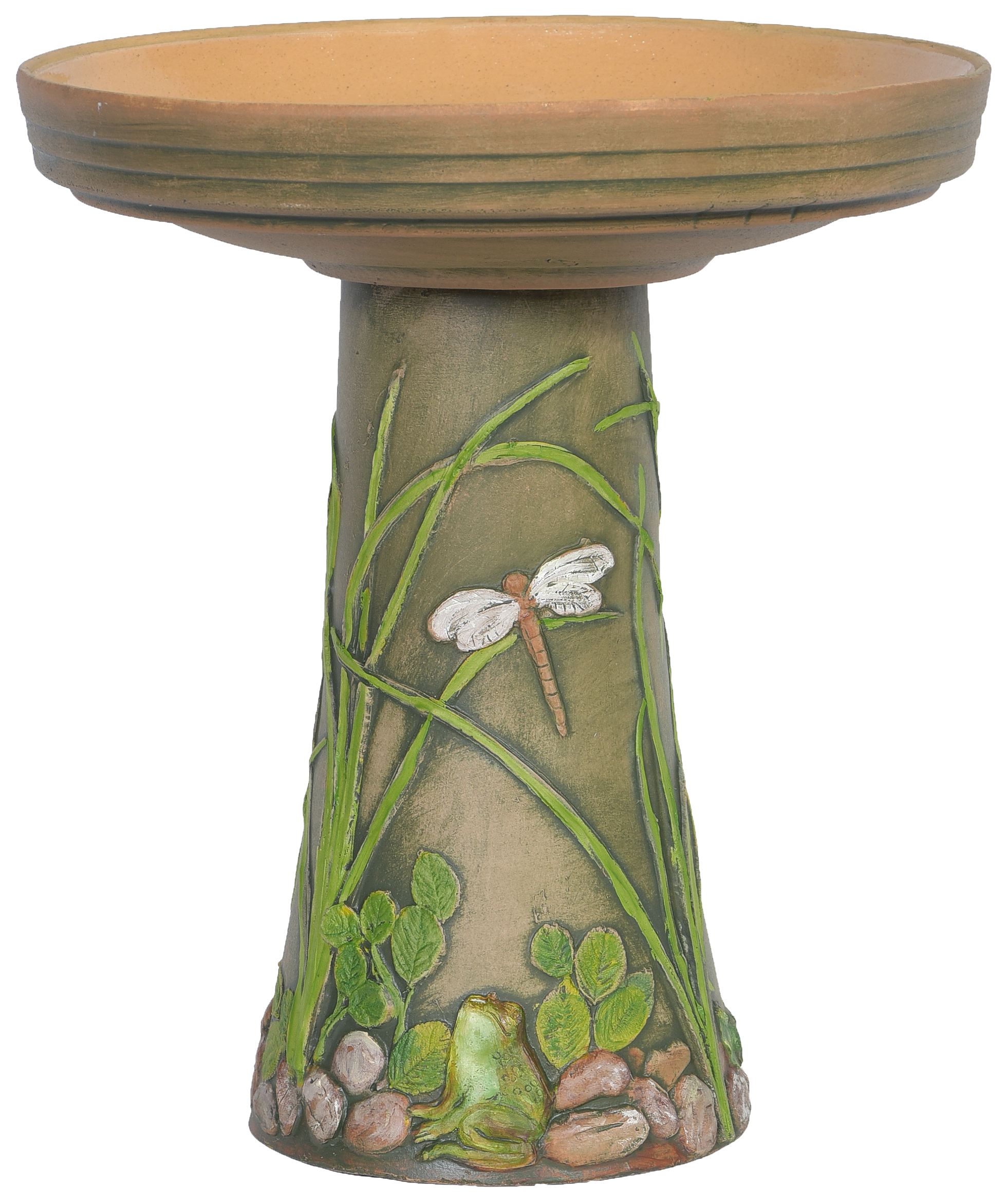 Ceramic birdbath set with hand painted river stones grasses toads and dragonflies