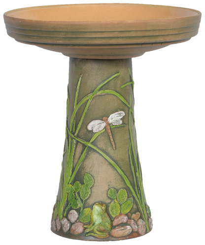 Ceramic birdbath set with hand painted river stones grasses toads and dragonflies