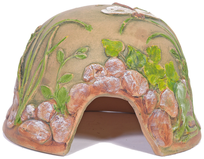 rounded small ceramic hut with hand painted river stones and dragon flies and grasses