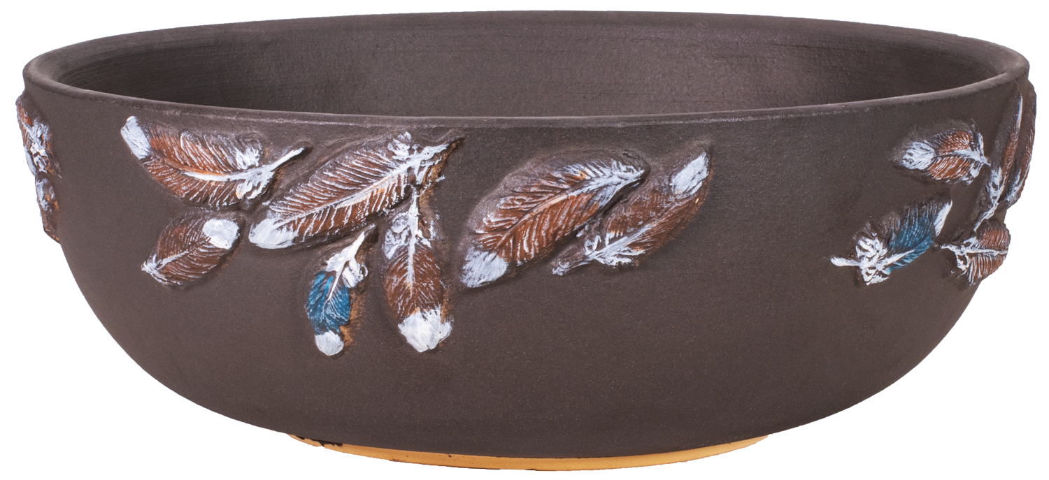 large shallow brown planter bowl with hand painted feather design