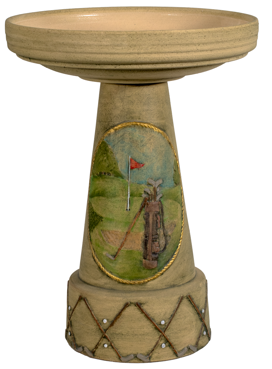 Decorative bird bath with golf-themed design on a white background