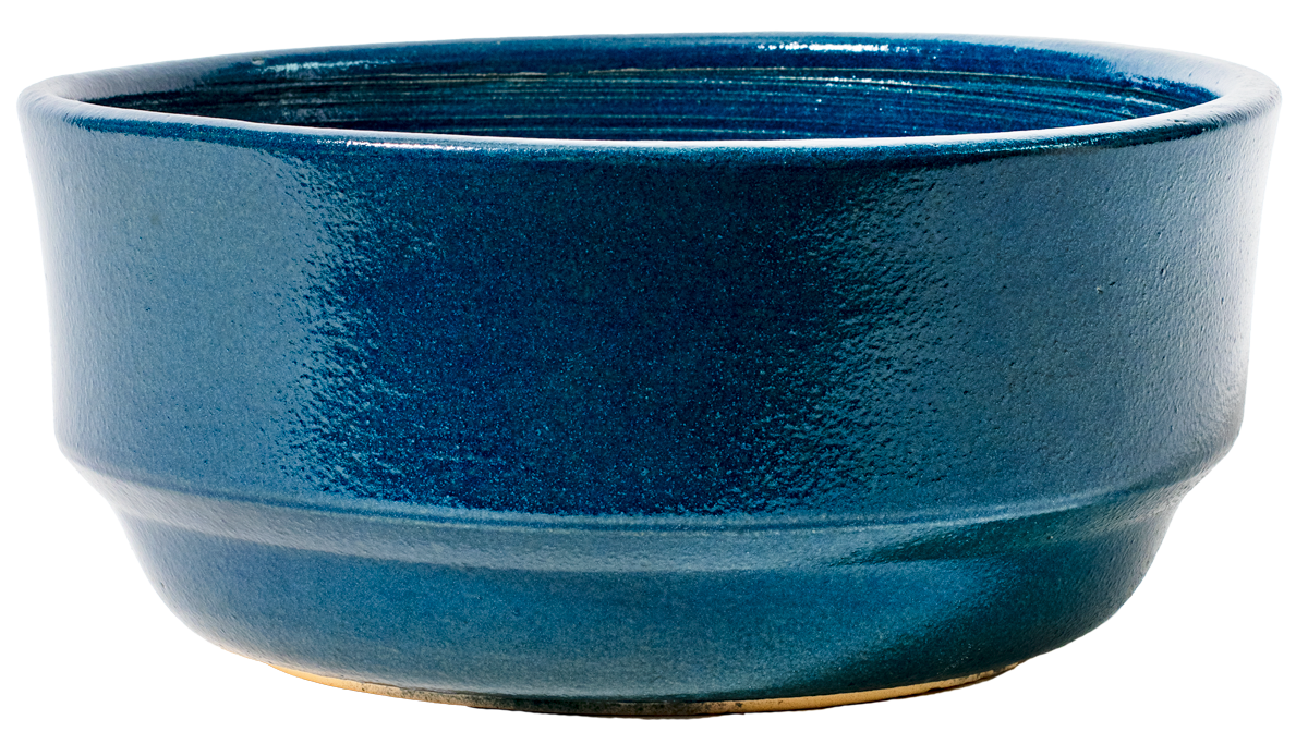 large rounded bowl planter in blue glaze