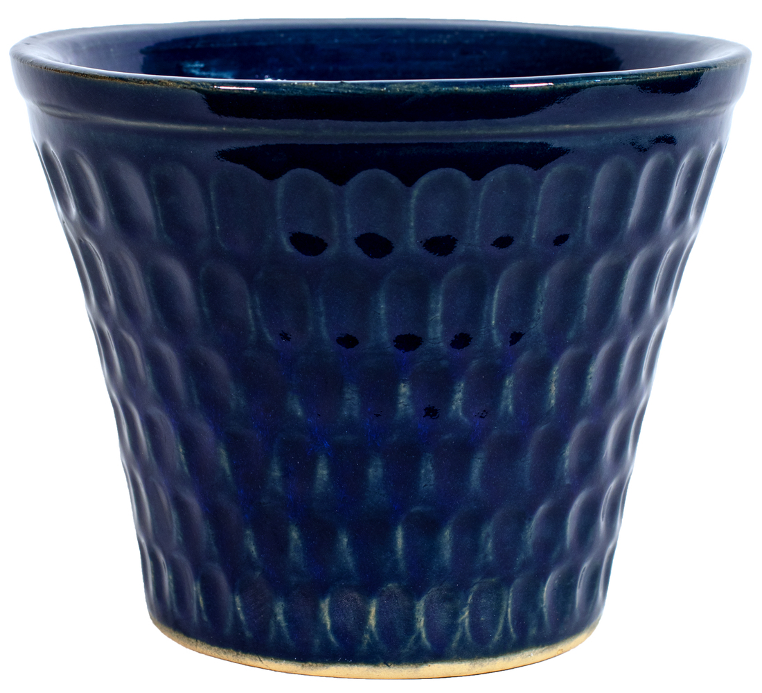 medium blue ceramic planter with oval design