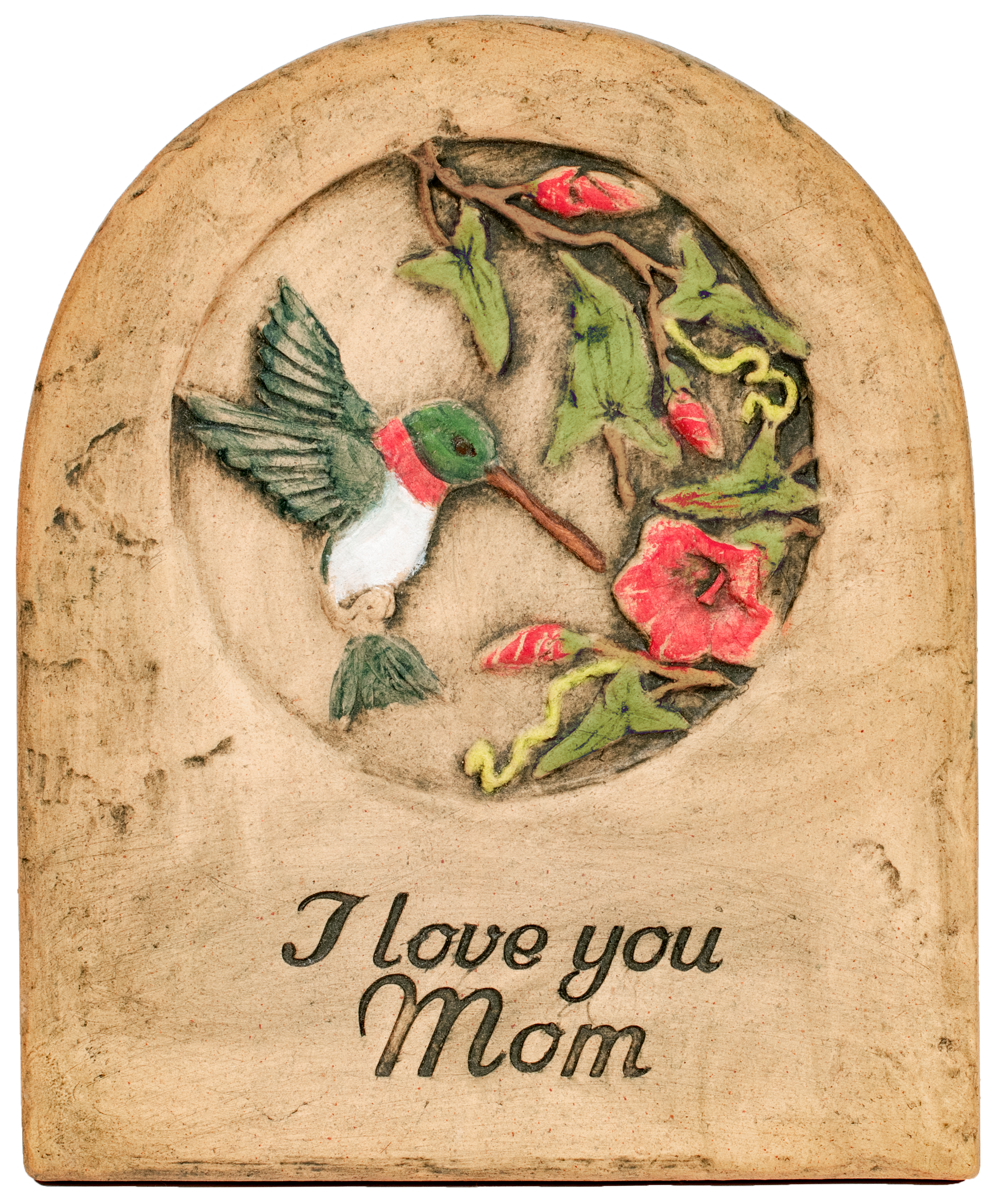 hand painted plaque with humming bird and flower design stating i love you mom