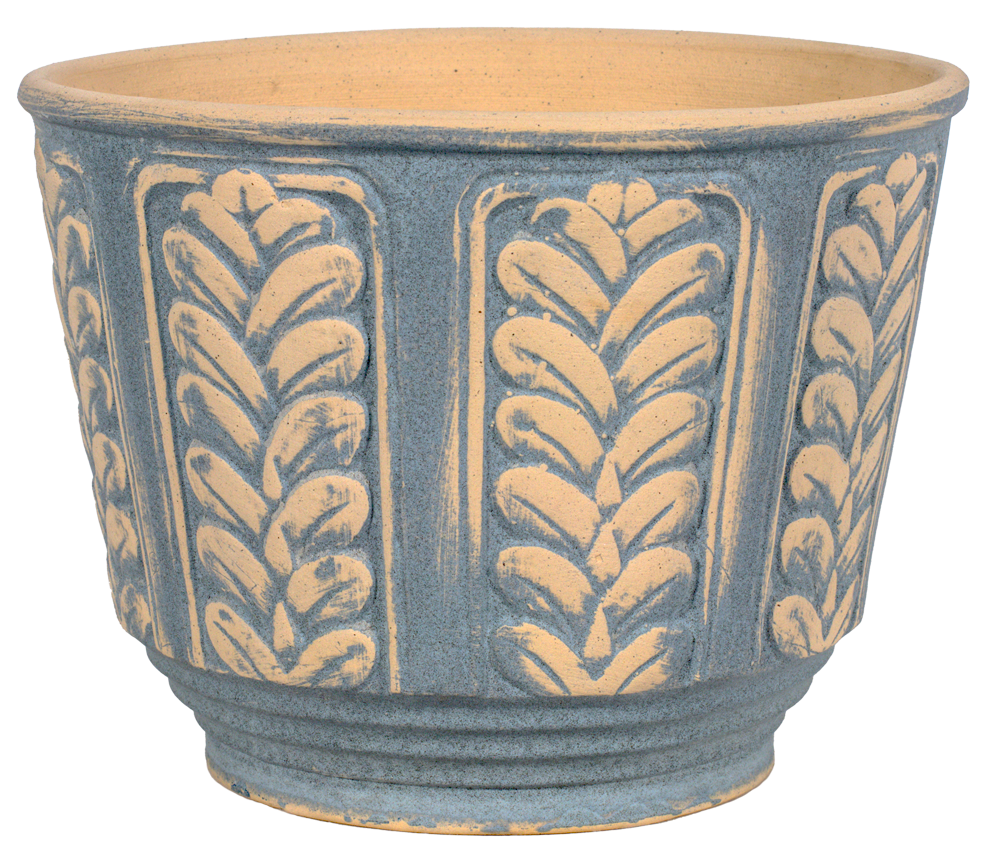 A round ceramic planter pot with a textured blue-gray exterior featuring embossed vertical leafy patterns and a natural beige interior.