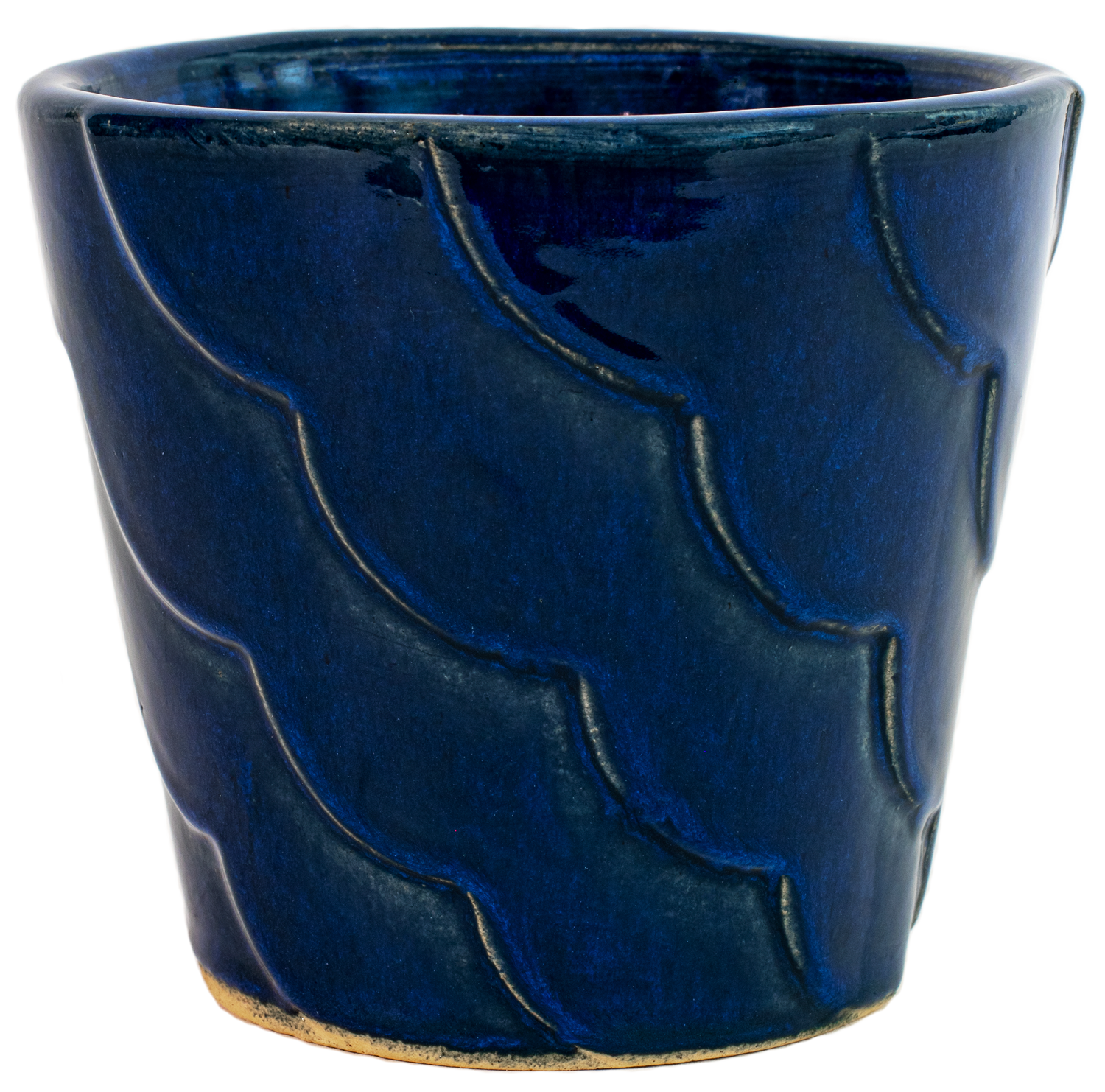 small blue ceramic planter with ribbon design