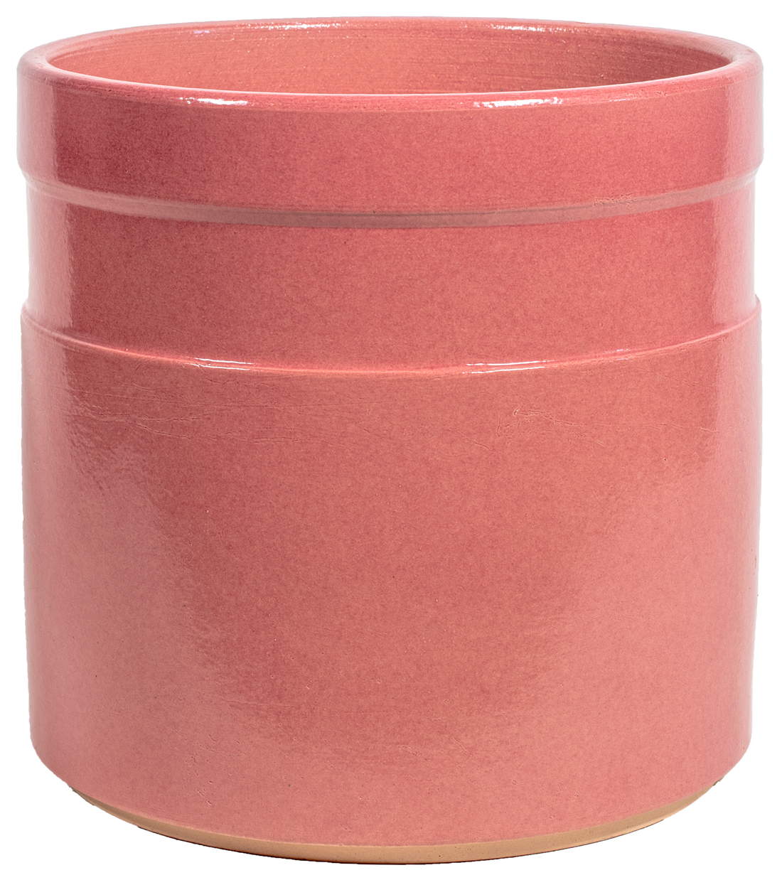 pink ceramic cylinder planter with a horizontal stripe 