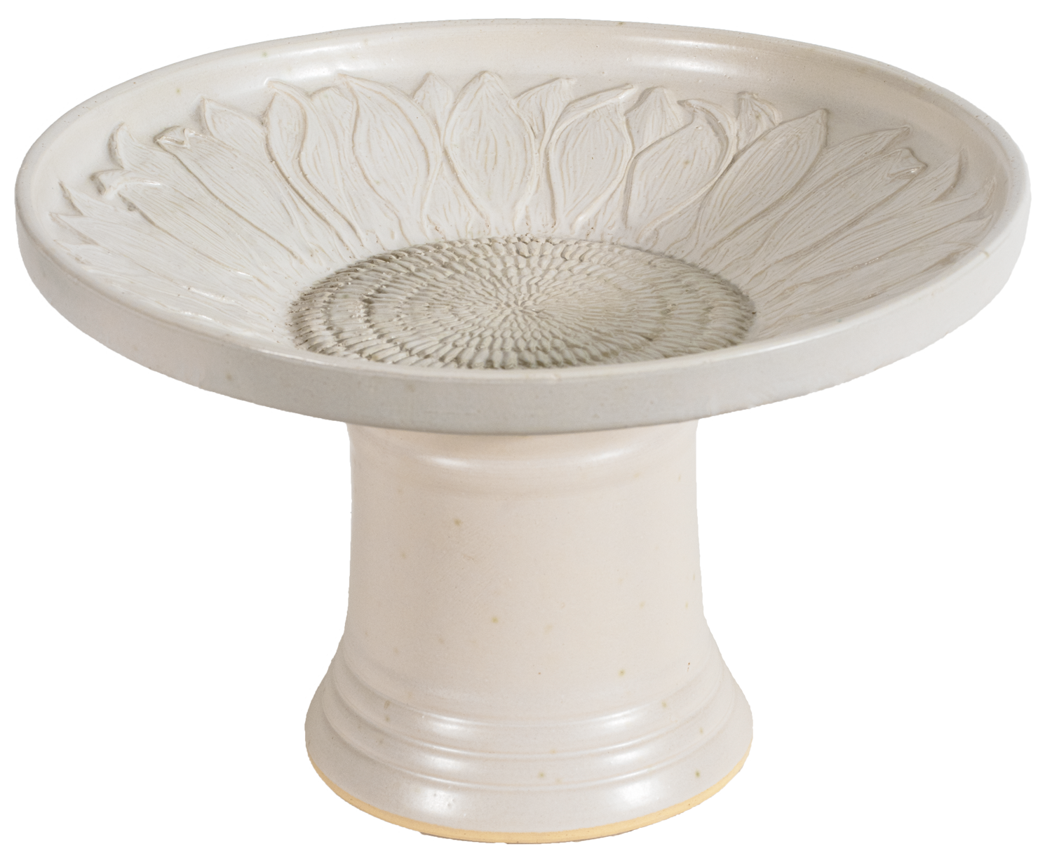 short sunflower design birdbath in white glaze