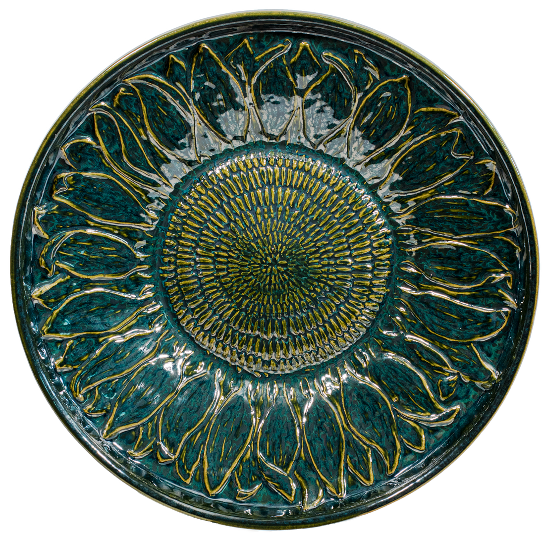 Ceramic sunflower birdbath top in dark green glaze