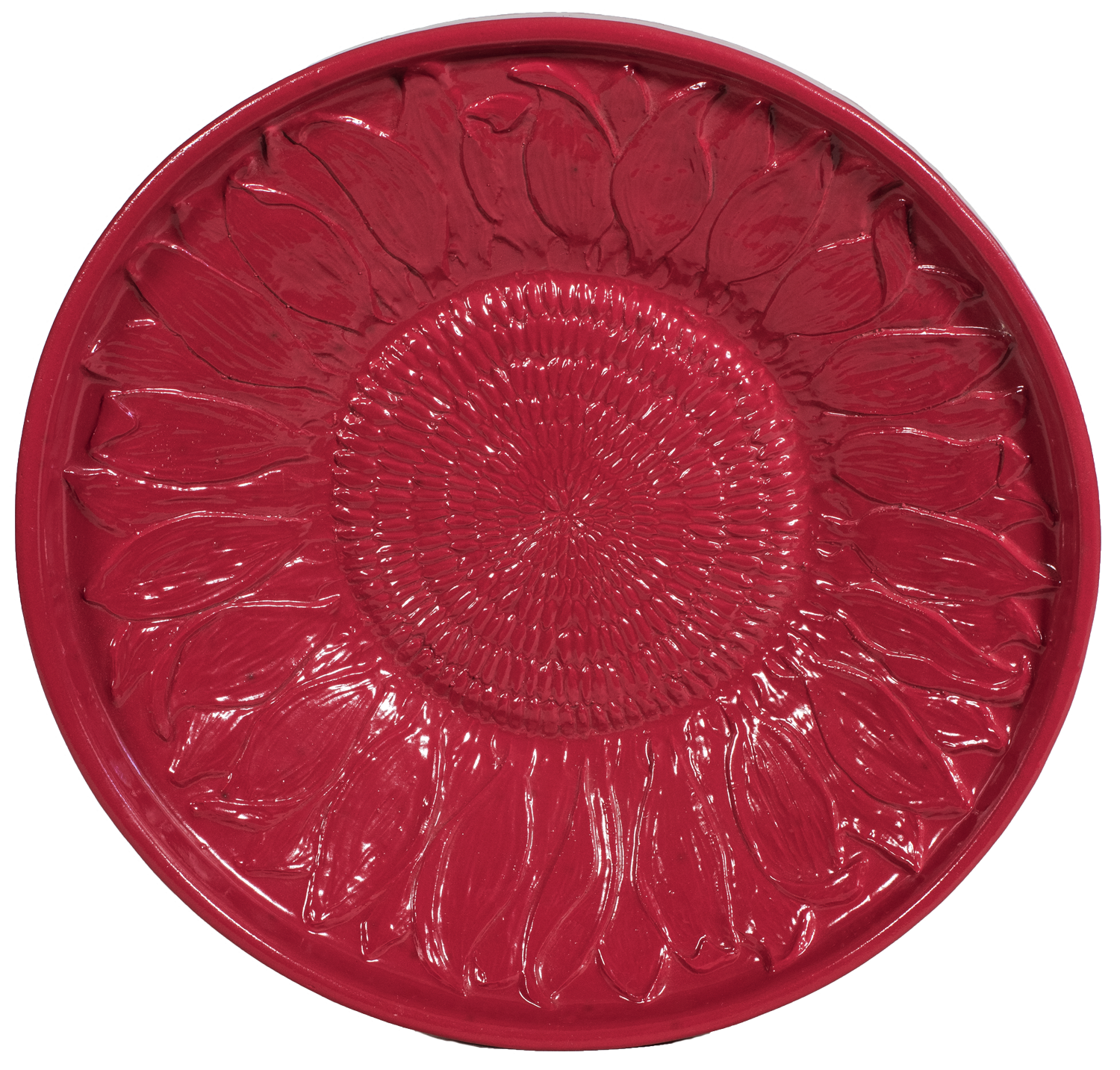 Ceramic sunflower birdbath top in red glaze