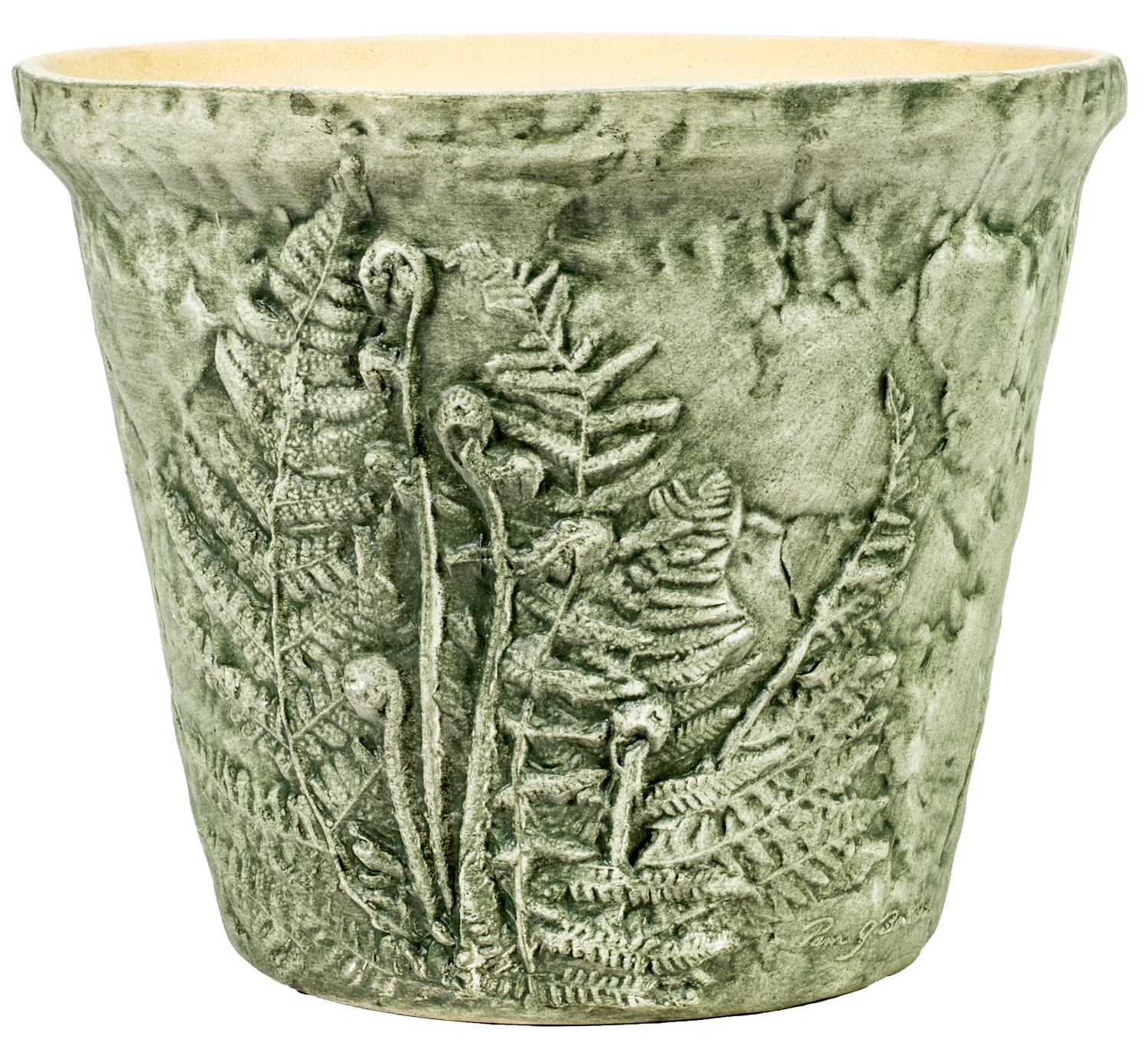 large green aged ceramic planter with ferns embedded