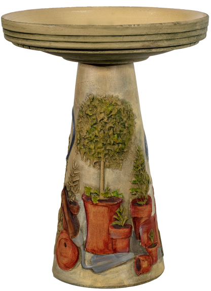 ceramic hand painted birdbath pedestal with terra cotta pots and topiary