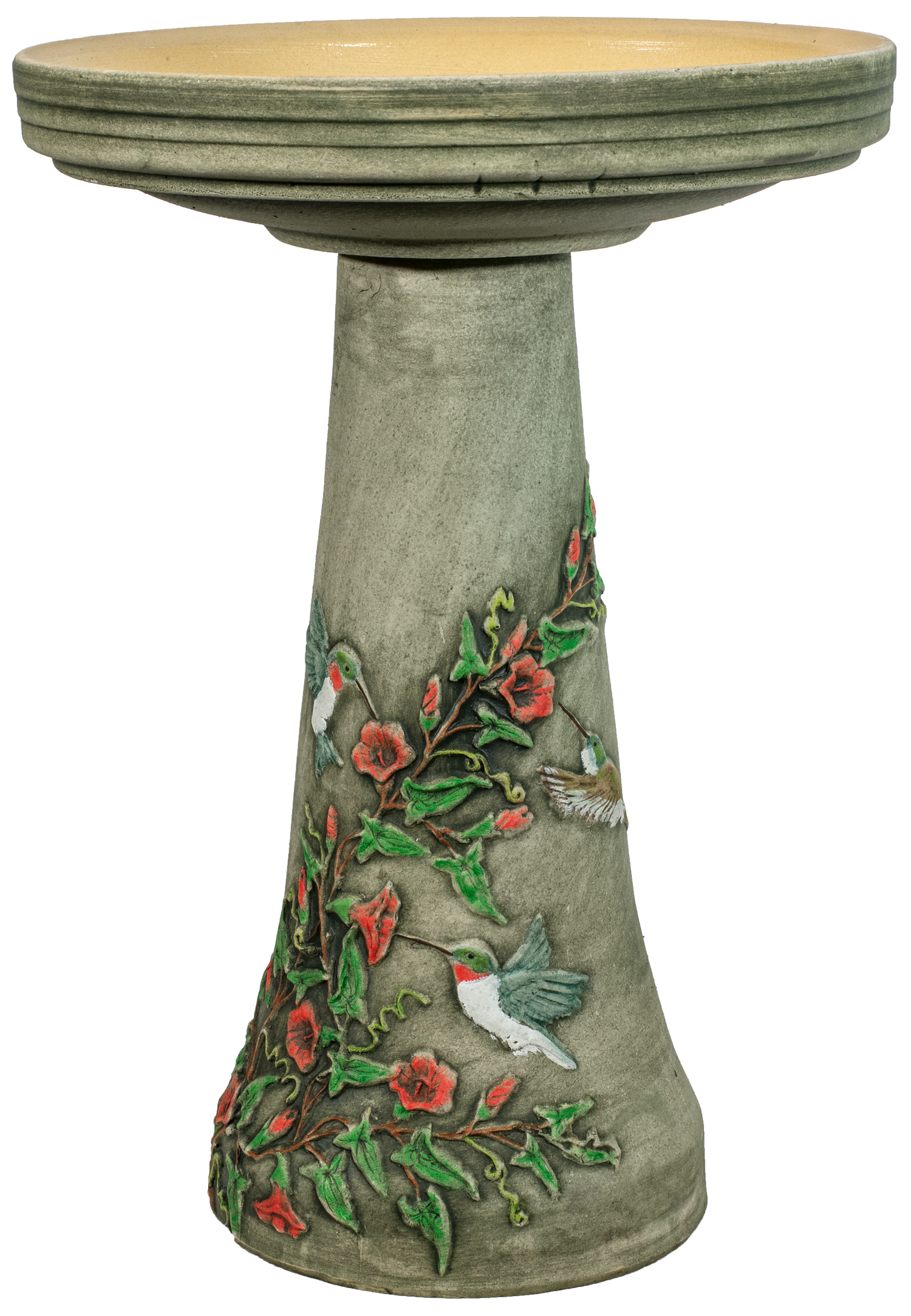 Ceramic birdbath set with hand painted hummingbirds and flowers and leaves