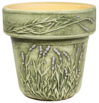 large green aged ceramic planter with hand painted lavender sprigs
