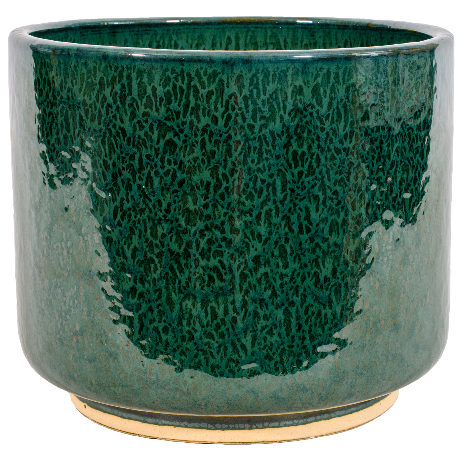 medium green ceramic cylinder planter in a modern style with small pedestal foot