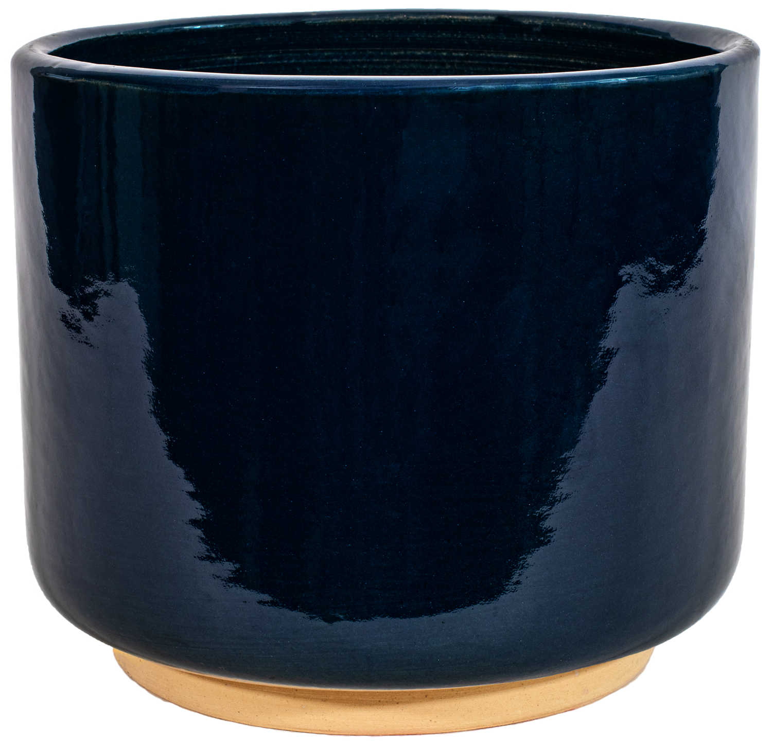 medium Blue ceramic cylinder planter in a modern style with small pedestal foot