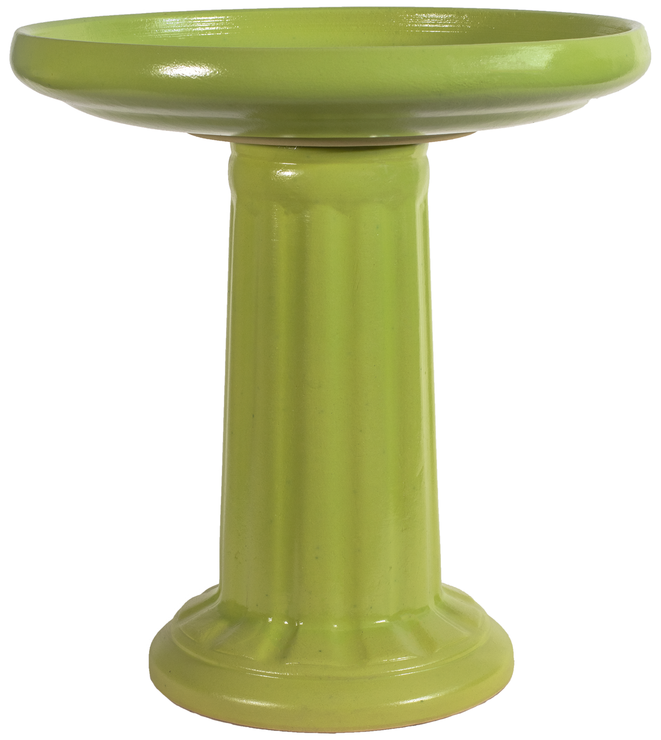 Ceramic column style birdbath set in lime green glaze