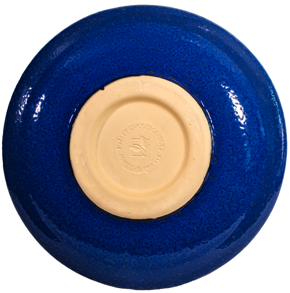 large blue modern ceramic birdbath top view from the back