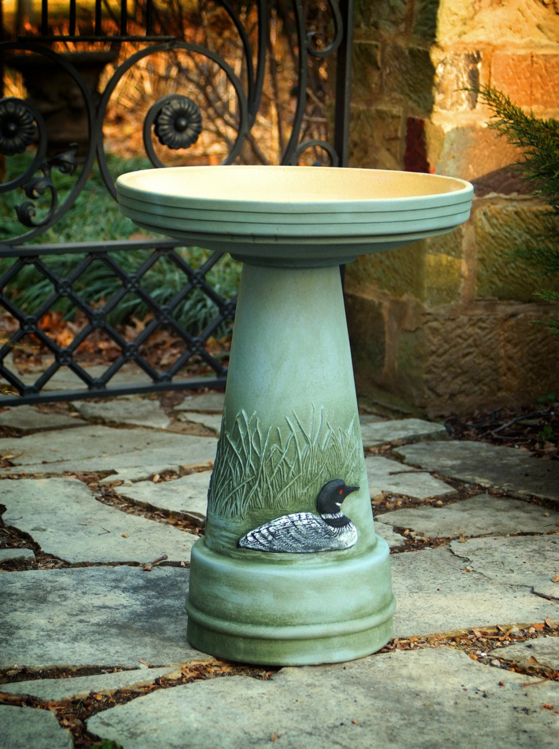 Handpainted Loon Birdbath Set