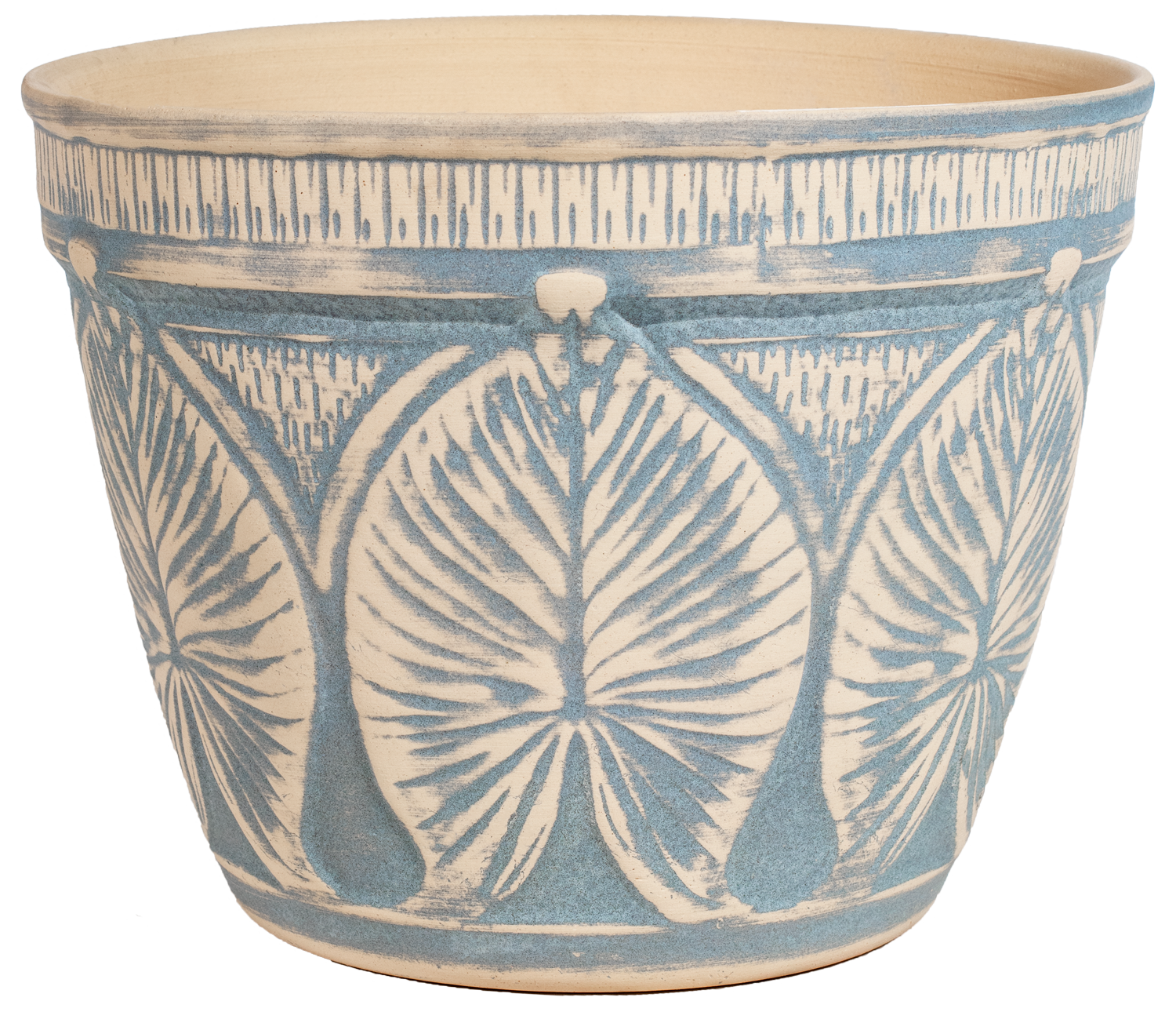 Large outdoor patio planter in light blue stain with leaf design
