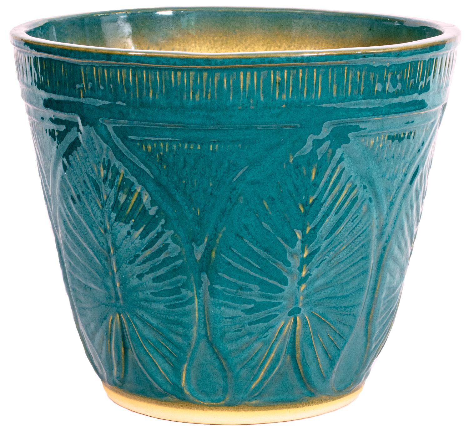 Large outdoor patio planter in turquoise glaze with leaf design