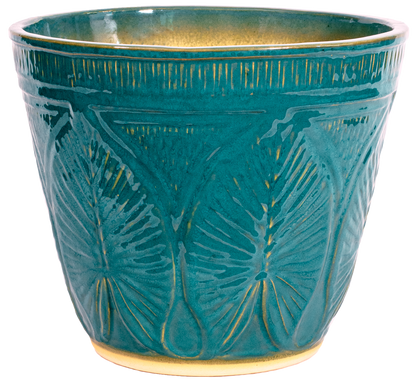 Large outdoor patio planter in turquoise glaze with leaf design