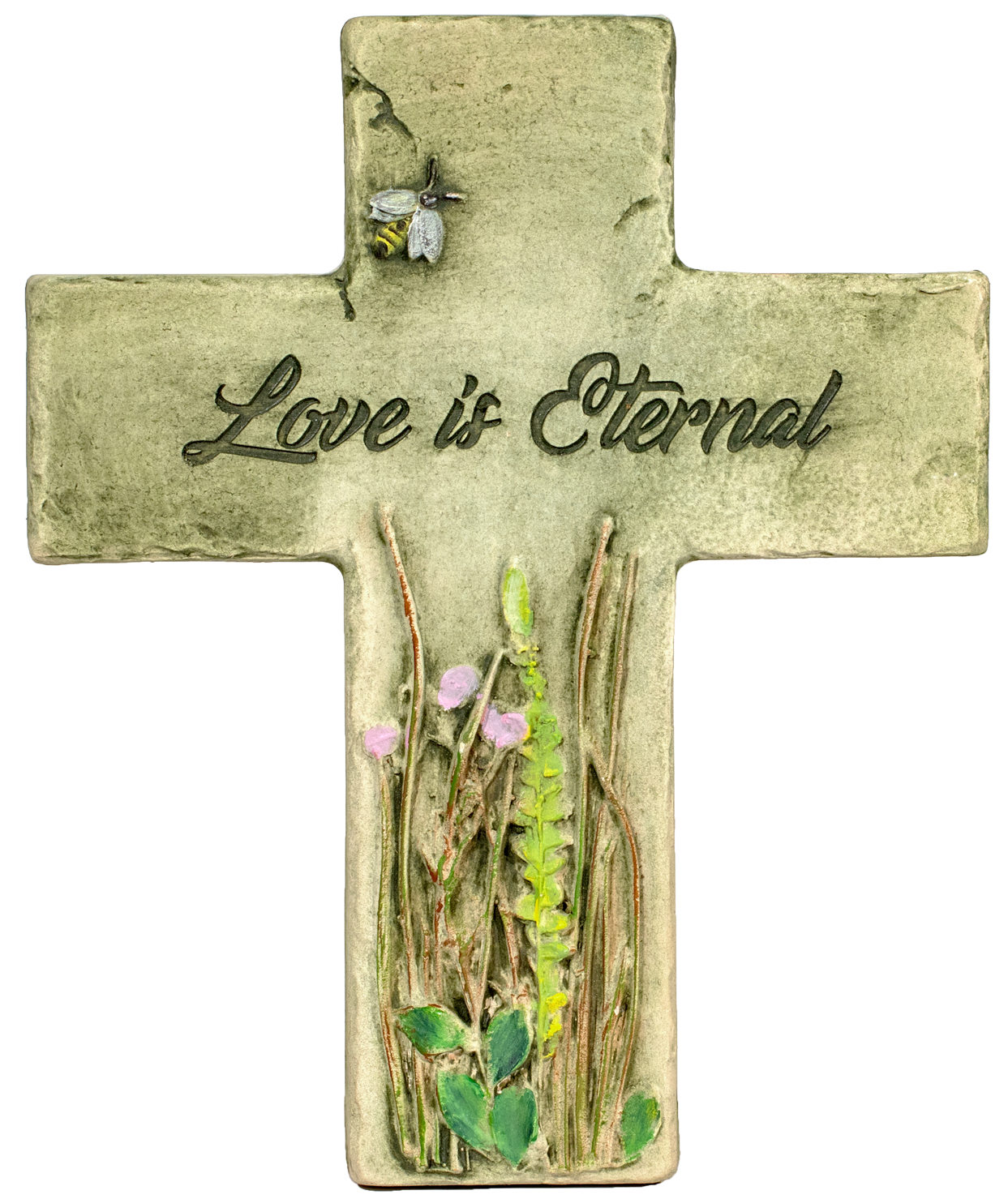 Ceramic hand painted cross plaque with bee and flower design for memorial