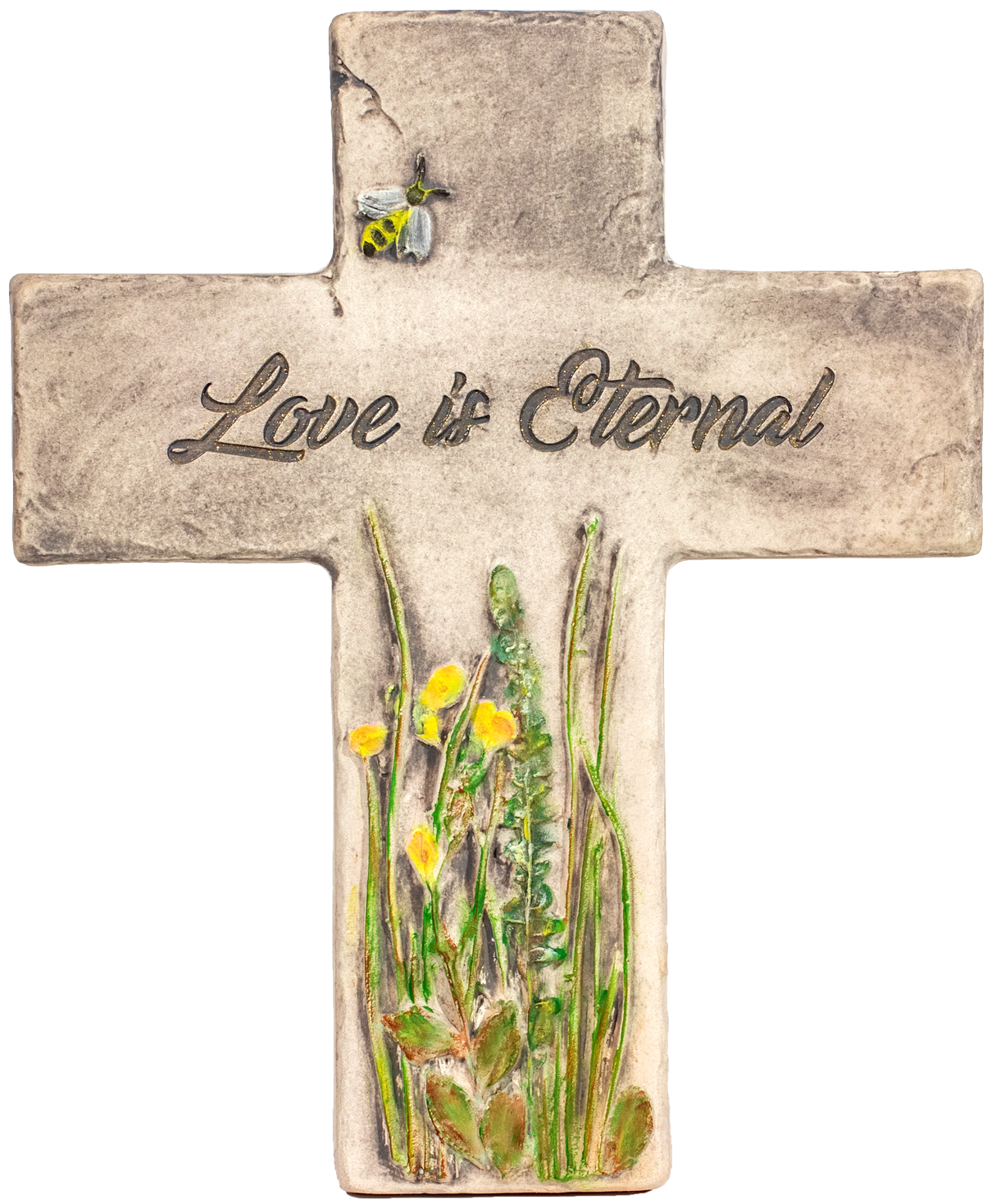 Ceramic hand painted cross plaque with bee and flower design for memorial