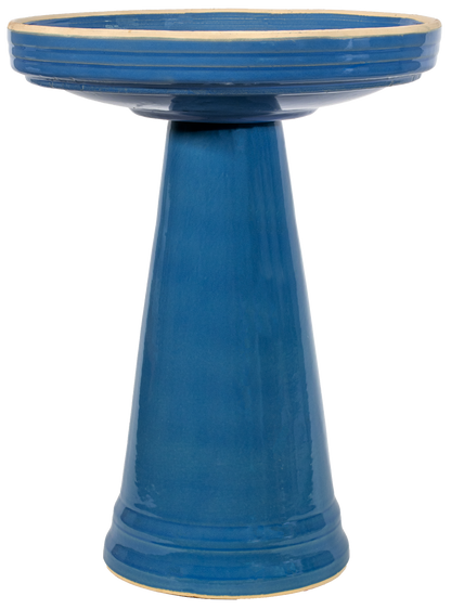 ceramic light blue birdbath with simple modern smooth design