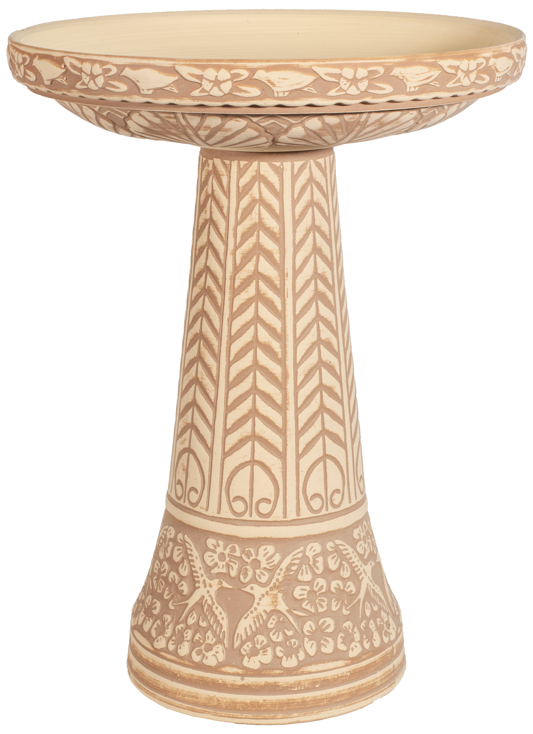 ceramic clay brown birdbath set with birds flowers and a chevron design