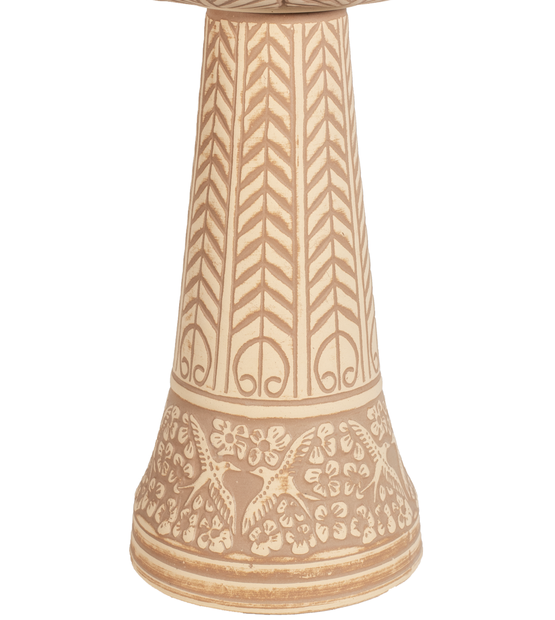 ceramic tan and brown birdbath pedestal with birds flowers and a chevron design