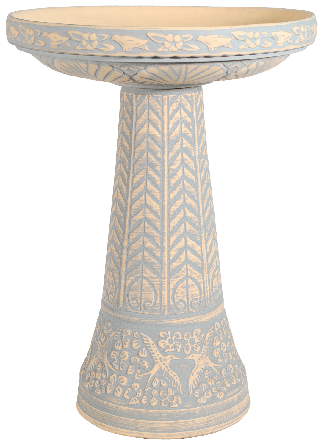 ceramic clay light blue birdbath set with birds flowers and a chevron design