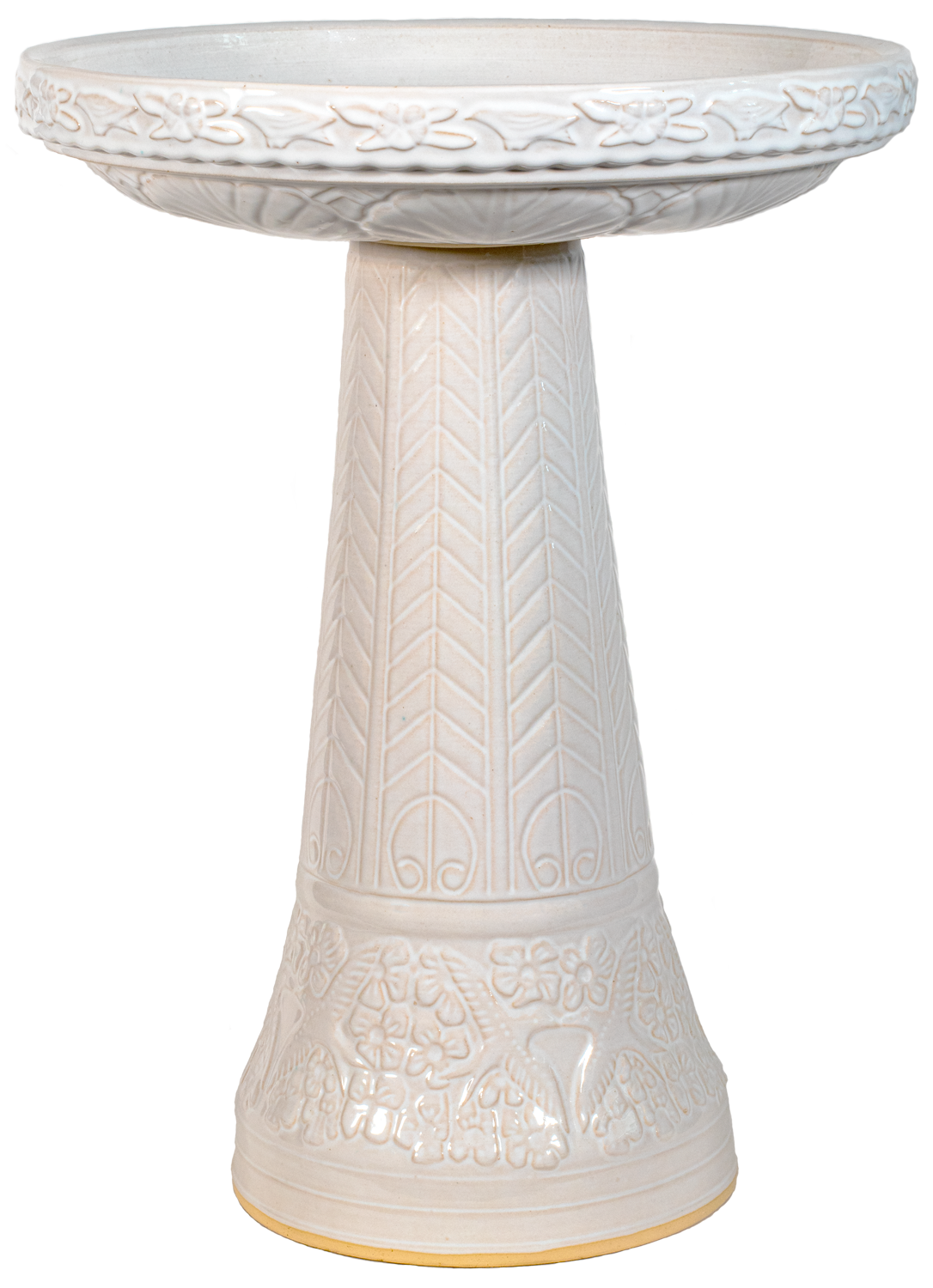 ceramic white birdbath set with birds flowers and a chevron design