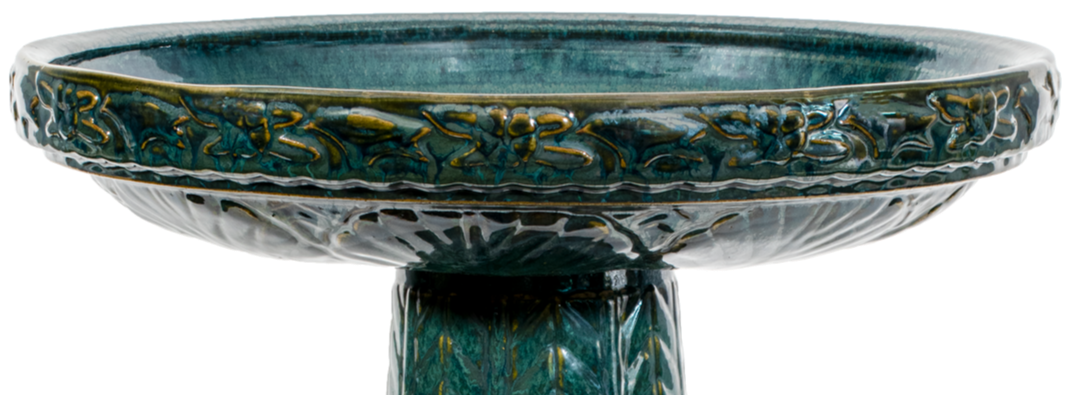 ceramic green birdbath top with large leaf pattern and birds