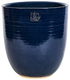 tall rounded blue ceramic planter with a leaf stamp