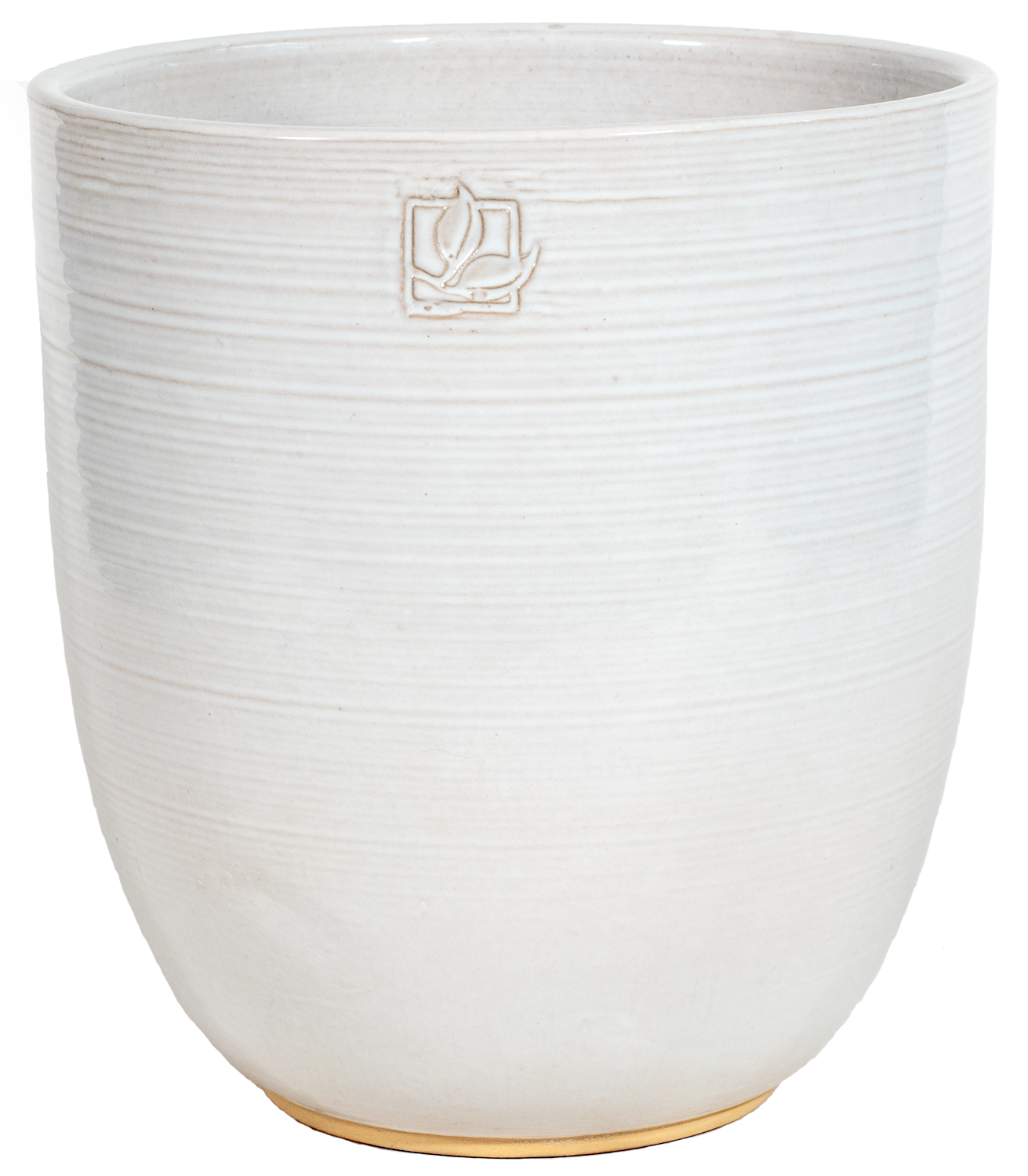 tall rounded white ceramic planter with a leaf stamp