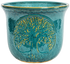 large turquoise rounded ceramic planter with a Tree of Life Motif