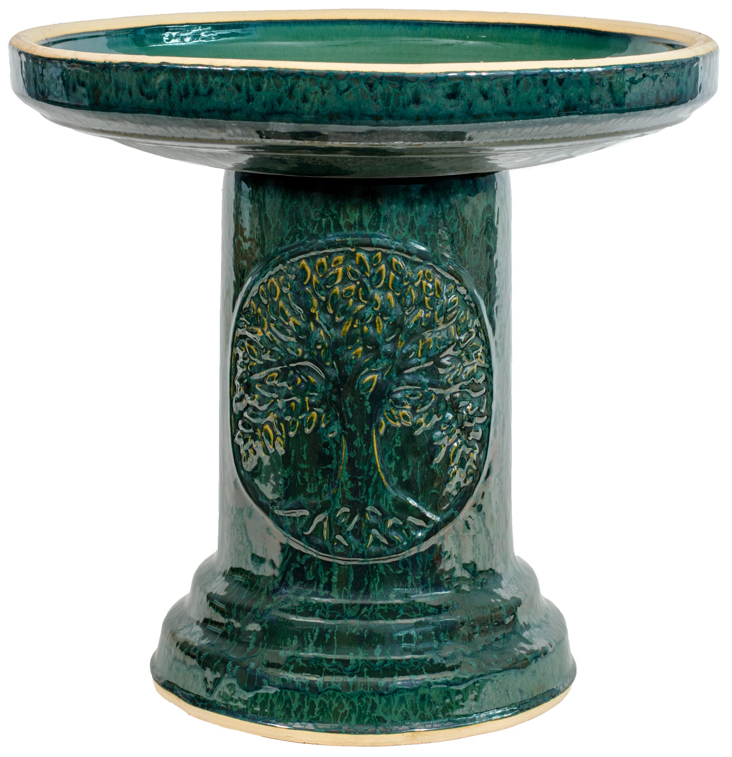 ceramic dark green birdbath set with Tree of Life motif