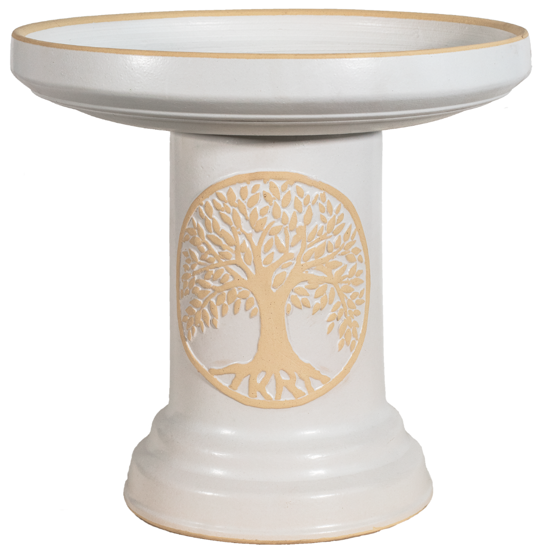 ceramic matte white birdbath set with Tree of Life motif
