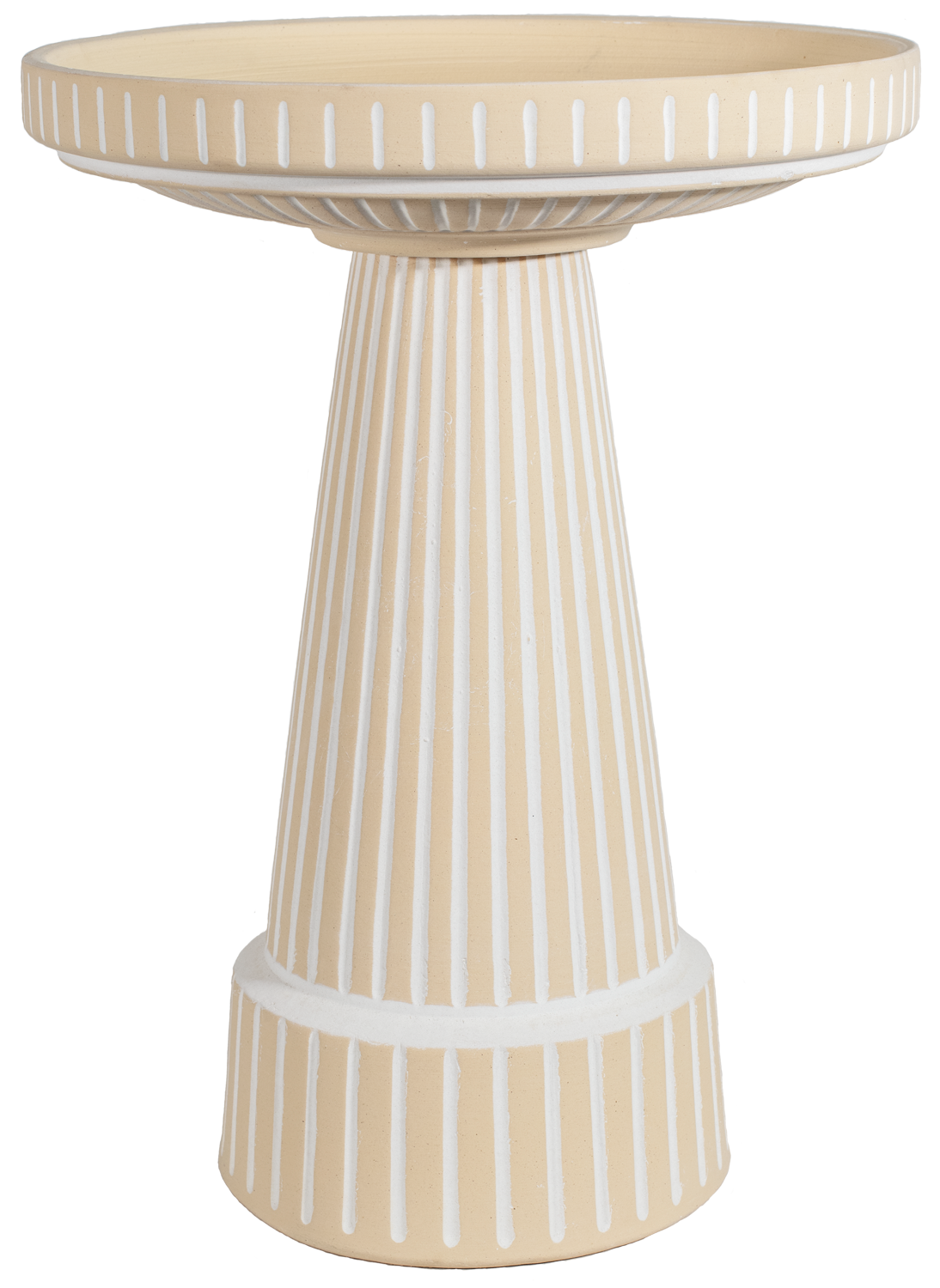 ceramic clay white stained birdbath with stripped design