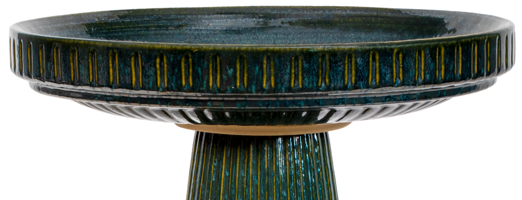 Ceramic dark green glazed birdbath top with stripes