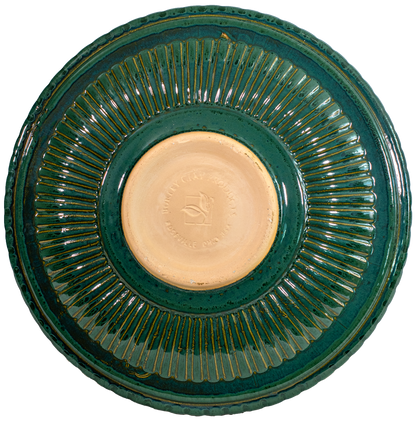 Ceramic green glazed birdbath top with stripes view of back