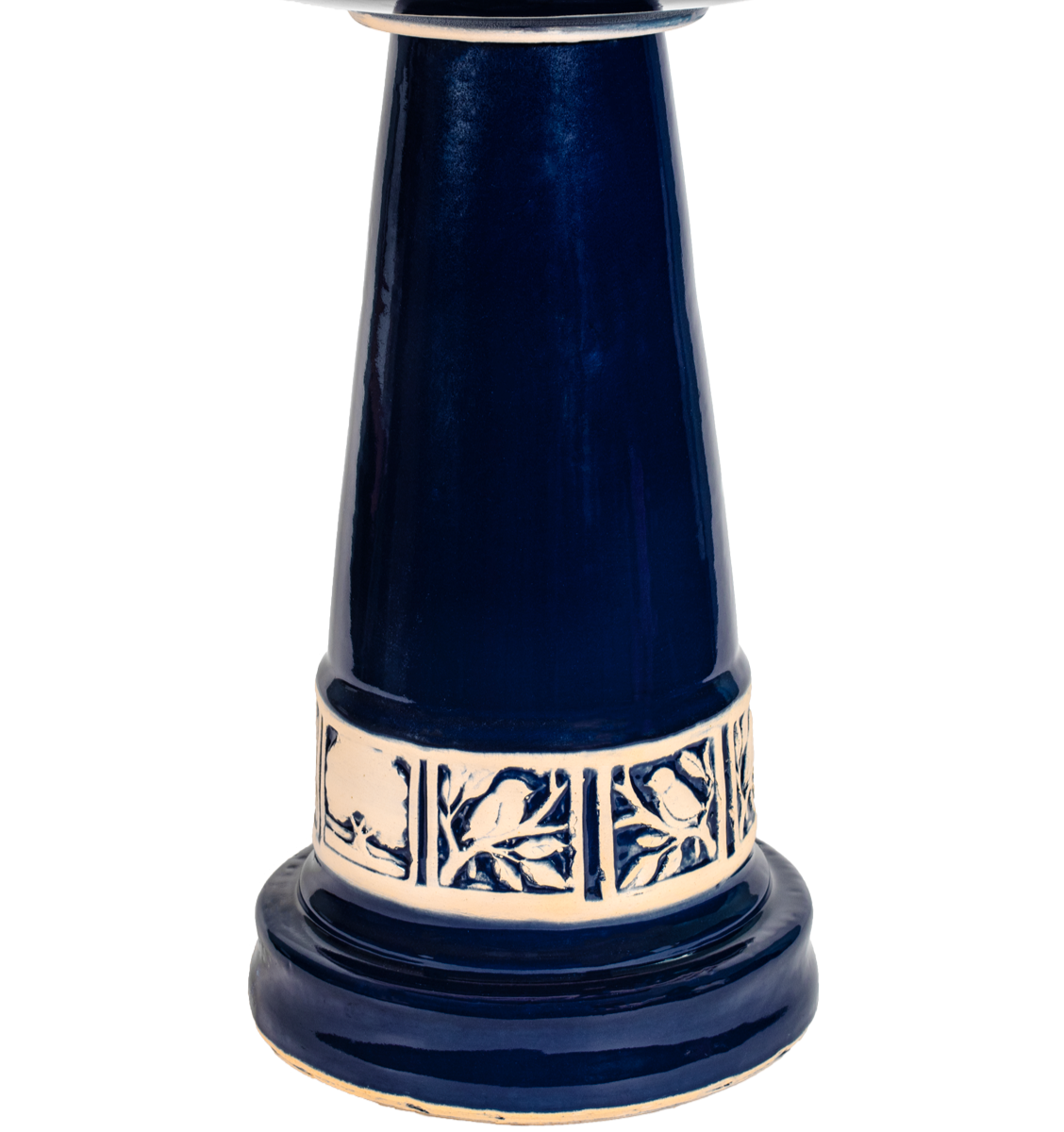 Ceramic blue birdbath pedestal with tan tree leaf and bird design