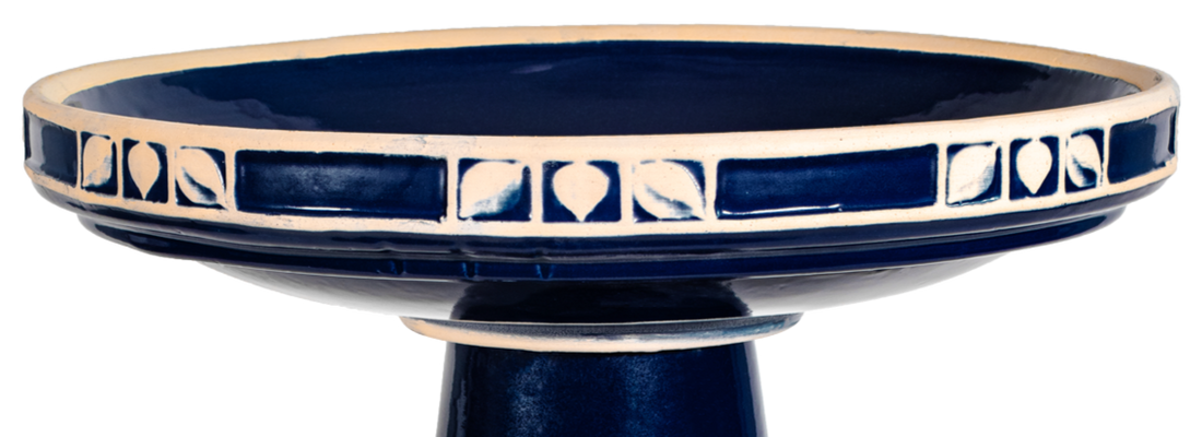 Ceramic blue birdbath top with tan leaf border design
